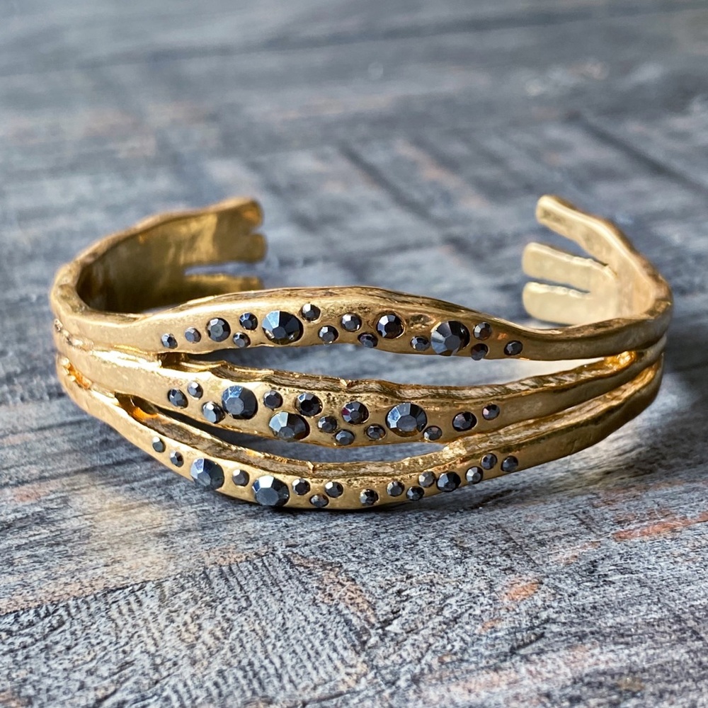 NEW Brushed Gold & Gunmetal Black Crystal Cuff Bracelet